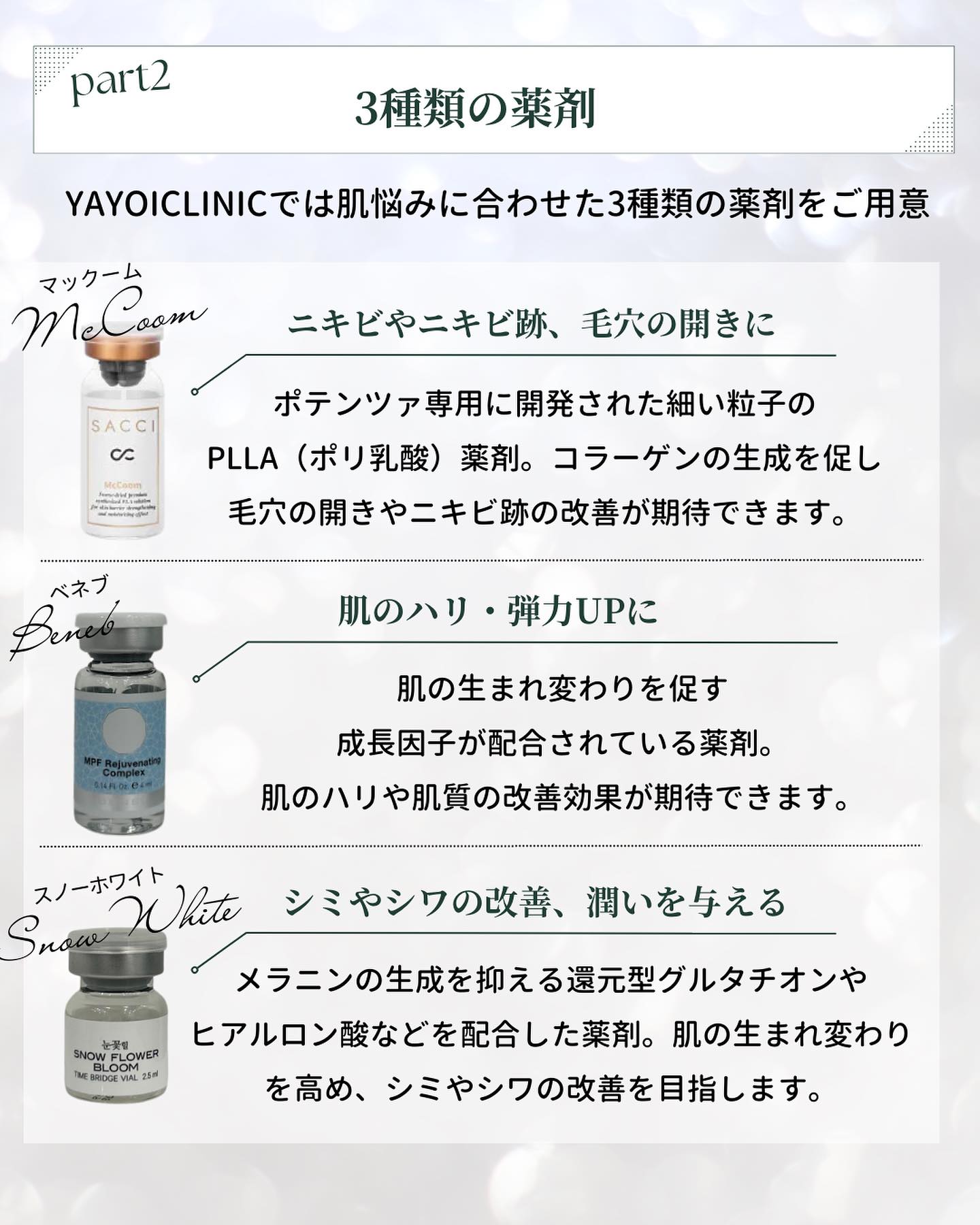 ニキビ悩みに合わせて厳選された3種類の薬剤(マックーム、エクソソーム、美肌・毛穴・肌荒れ用薬剤)のボトルイメージとそれぞれの特徴