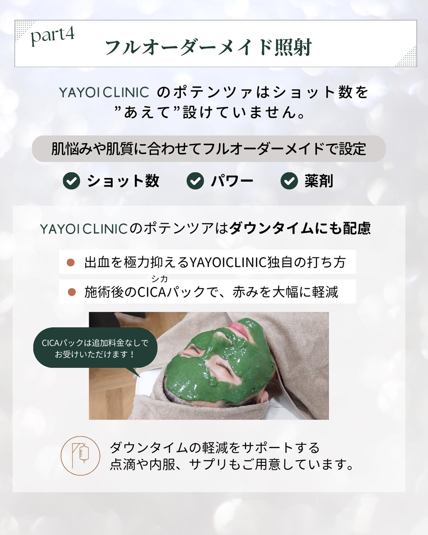 ショット数をあえて設けず、パワーや奥行きをオーダーメイドで調整する個別対応についての説明と、クリニックの内観イメージ