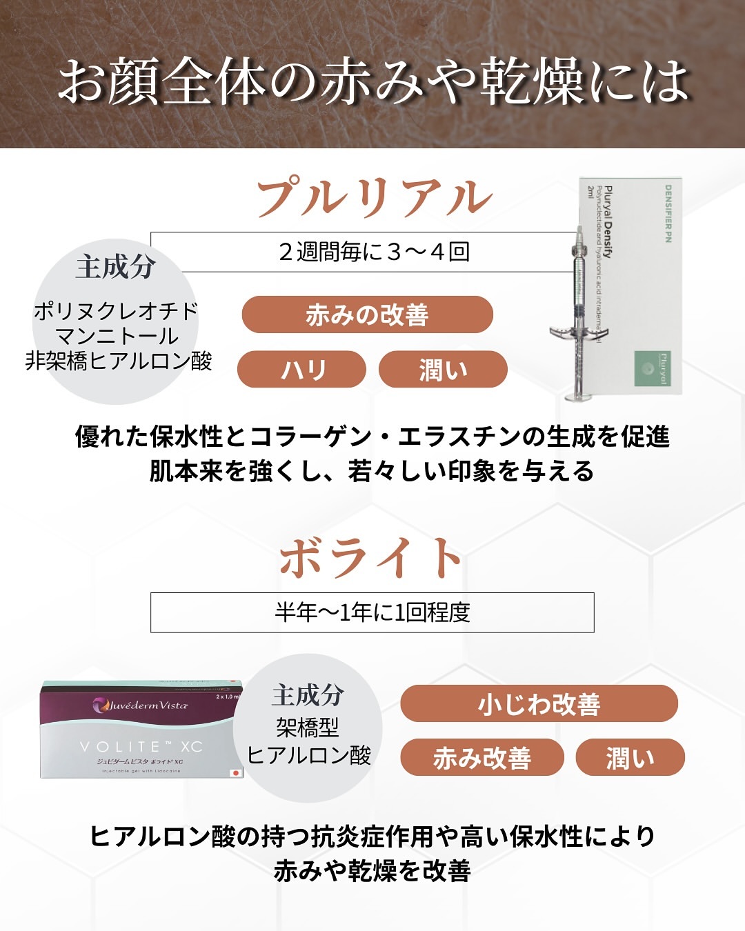 お顔全体の赤みや乾燥にはプルリアルとボライト