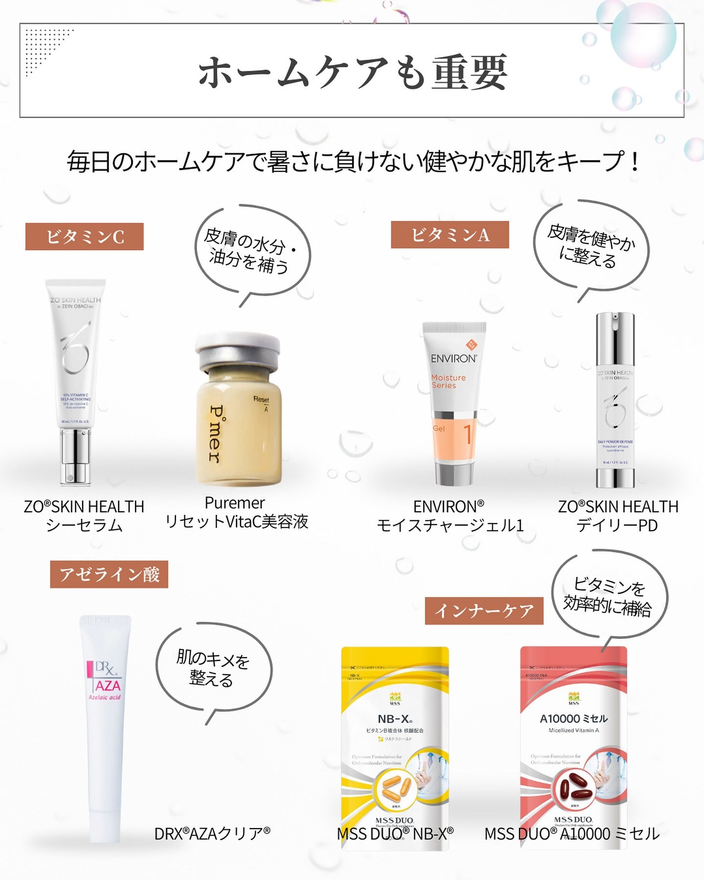 「ZO®SKIN HEALTHシーセラム」「PuremerリセットVitaC美容液」「ENVIRON®モイスチャージェル1」「ZO®SKIN HEALTHデイリーPD」「DRX®AZAクリア®」「MSS DUO®NB-X®」「MSS DUO®A10000ミセル」